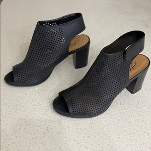 Black open toe wedge bootie